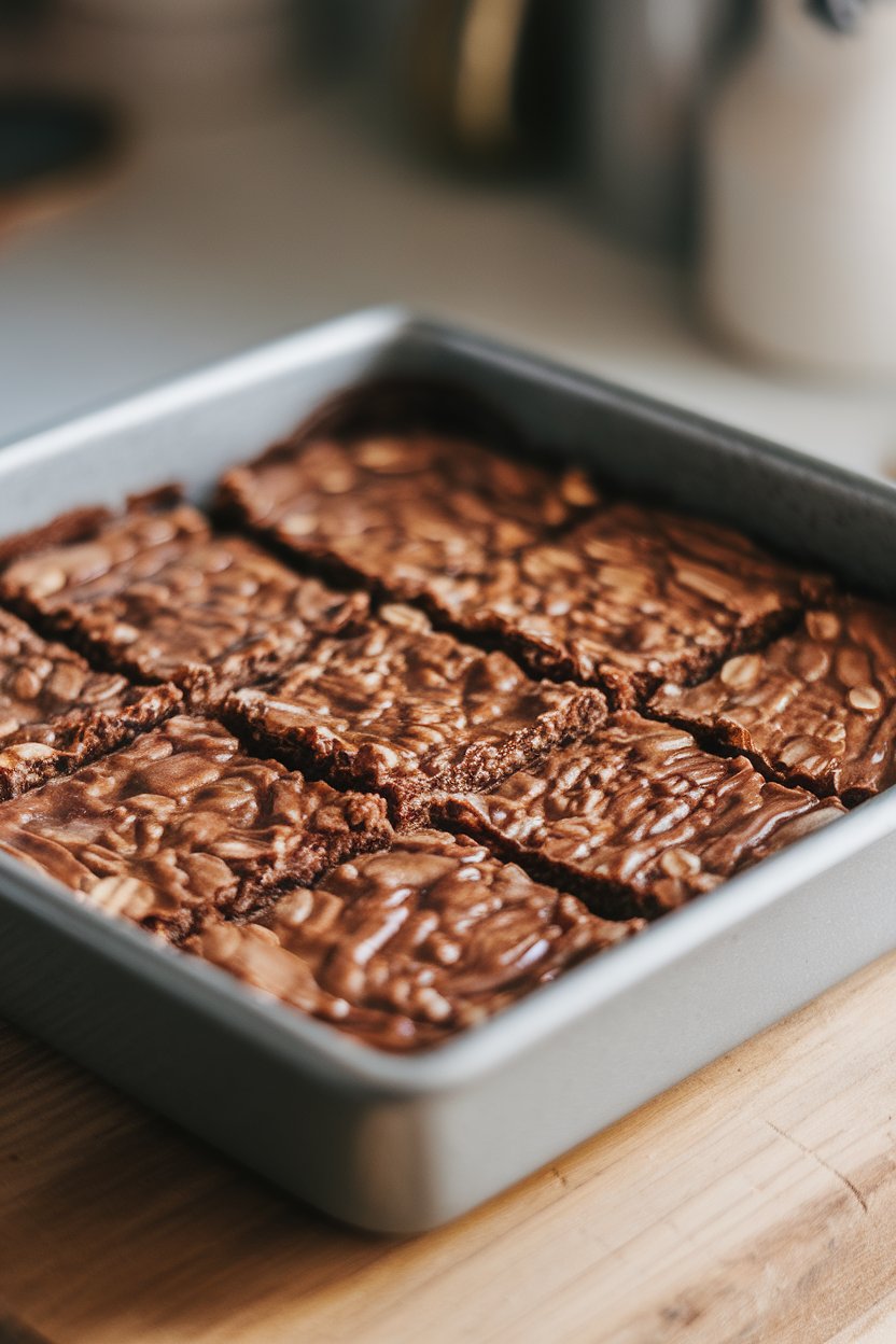Square baking dish indoors with cut oatmeal cocoa bars, edges slightly crumbly. No text or logos.