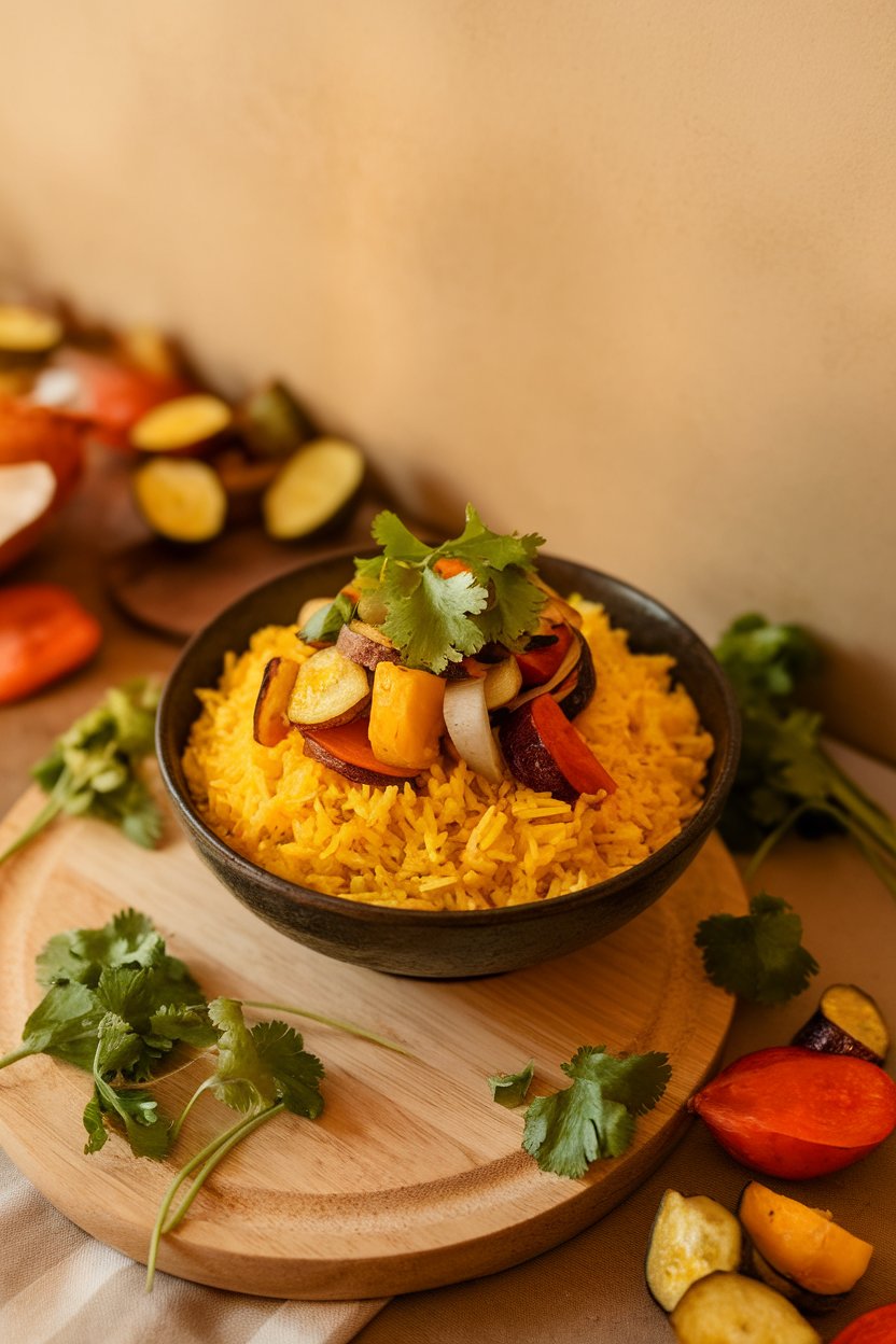 Indoor bowl of yellow coconut rice topped with roasted vegetables and cilantro. No text or logos anywhere.