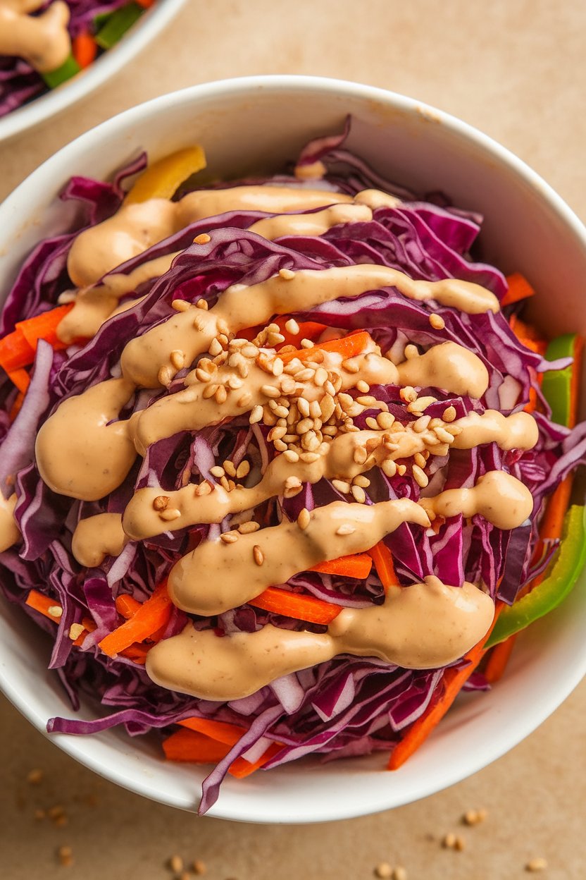 Photo, indoors, colorful bowl of shredded purple cabbage, carrots, and bell peppers drizzled with creamy peanut dressing, garnished with sesame seeds. No text or logos.
