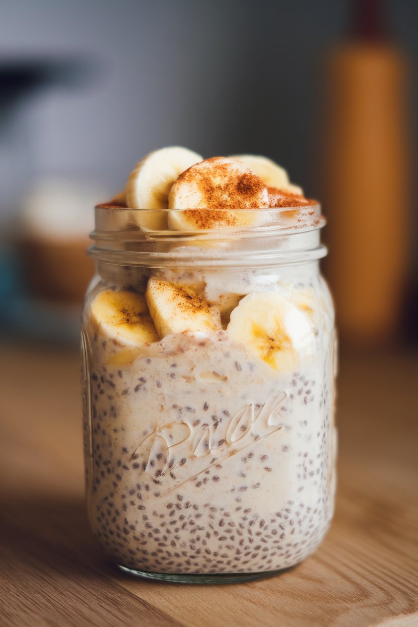 Indoor photo of a mason jar filled with creamy overnight oats, chia seeds visible, topped with banana coins and cinnamon, no text or logos.