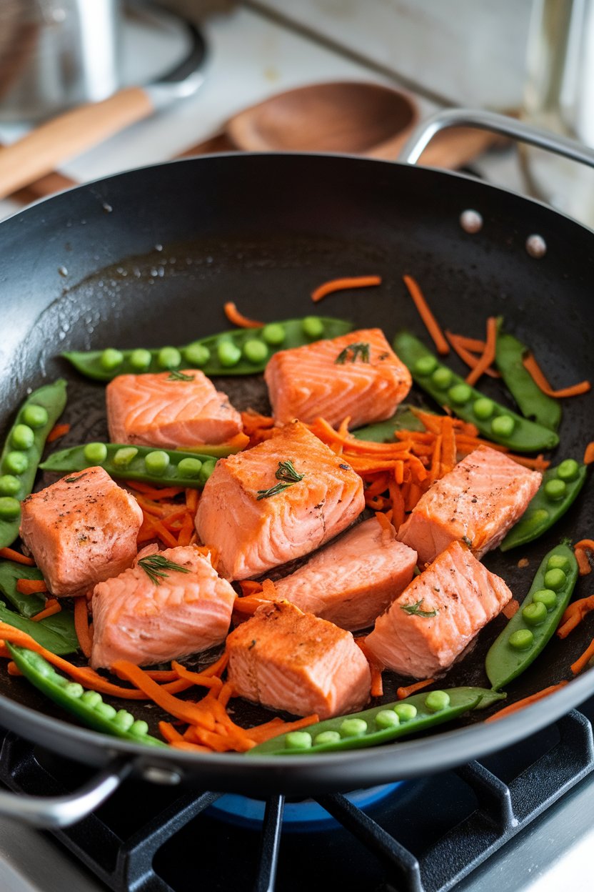 An indoor stovetop wok filled with chunks of cooked salmon, snap peas, and shredded carrots glistening with a ginger-garlic sauce. No brand names present.