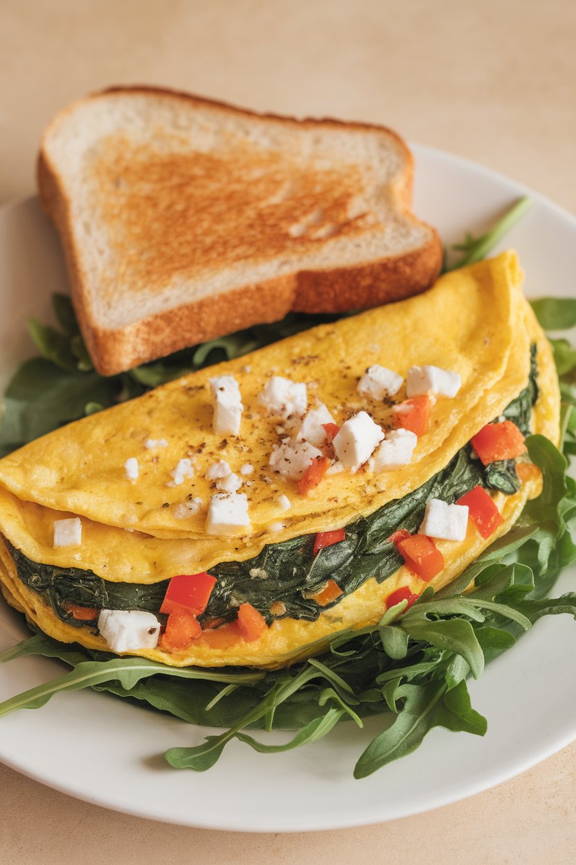 Photo of an indoor breakfast plate showcasing a folded omelette filled with spinach, diced peppers, and feta; no text or logos