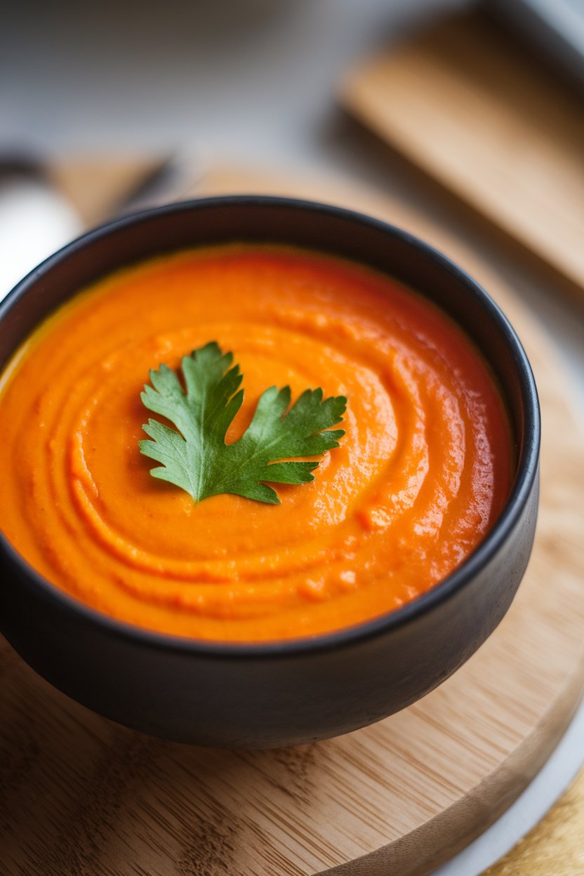 Indoor photo of a soup bowl filled with bright orange carrot-turmeric soup, topped with a parsley leaf. No text or logos.