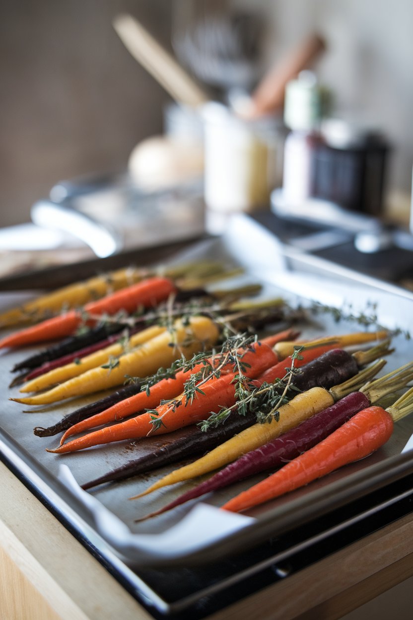 Indoor photo of multi-colored carrots roasted whole with thyme sprigs on a baking sheet. No text or logos; photograph.