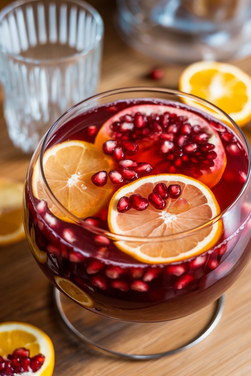 An indoor punch bowl filled with rosy pomegranate punch, floating citrus slices and pomegranate arils. No text or logos present.