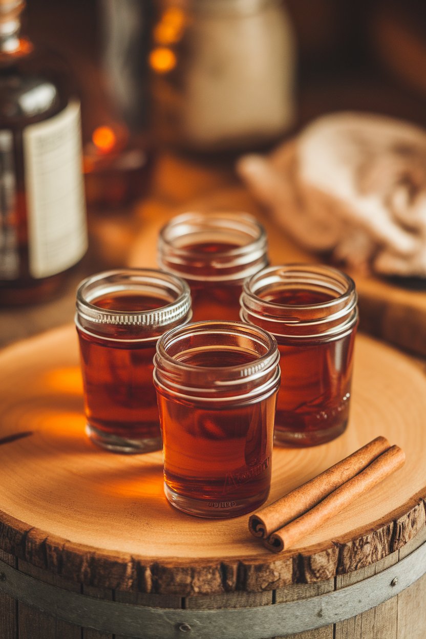 Photo of amber shots in mason-jar-style shot glasses, cinnamon stick laid beside, indoor bar; no branding.
