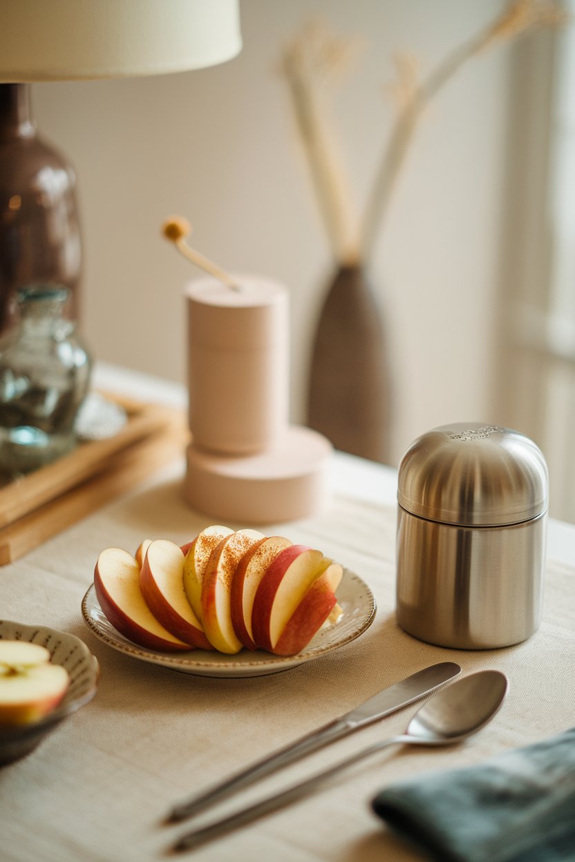 A softly lit indoor dining table scene showing crisp apple slices fanned out on a small plate, lightly dusted with cinnamon, with a stainless steel travel container beside them. No text or logos.