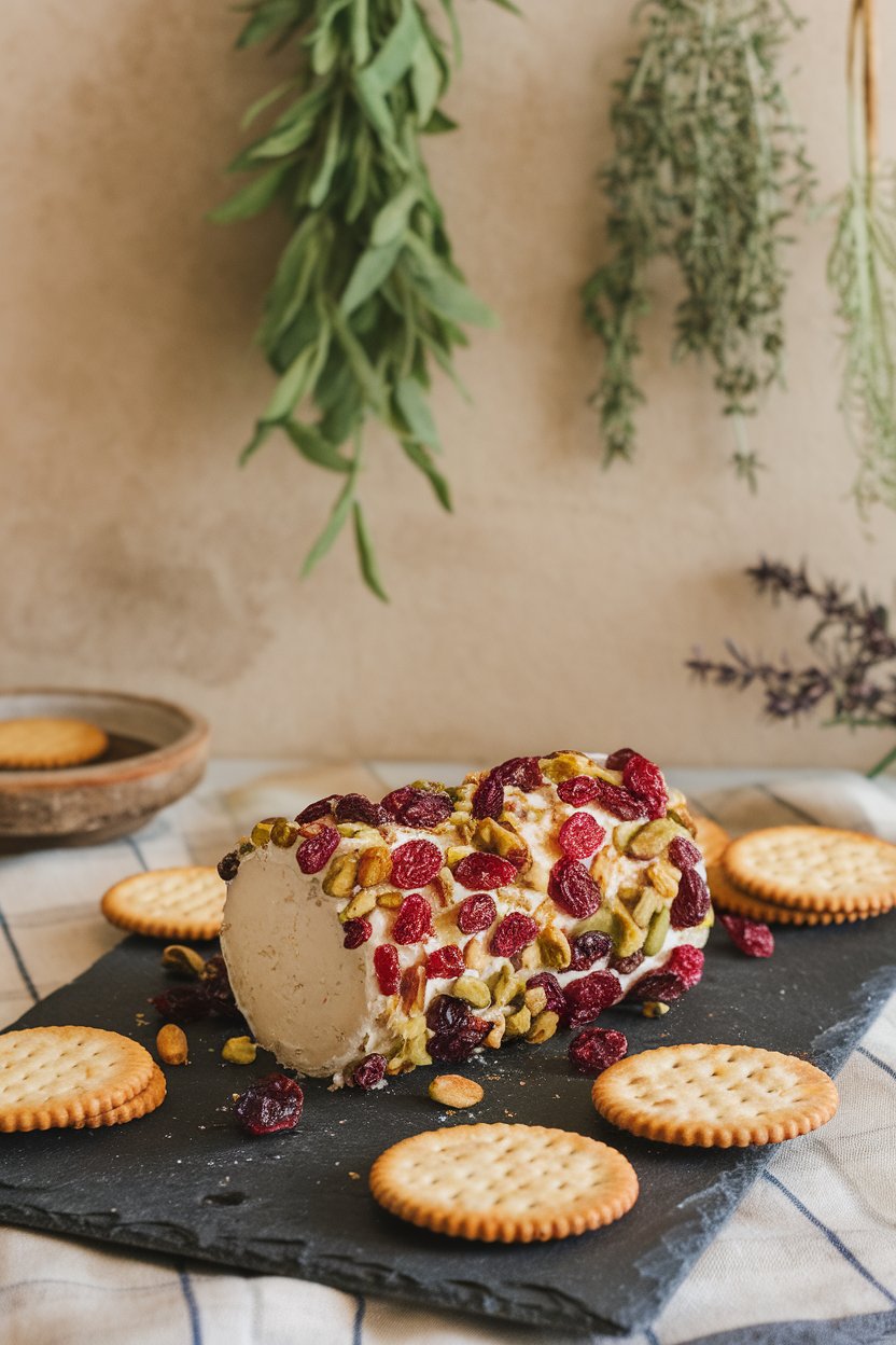 Goat cheese log rolled in dried cranberries and pistachios on an indoor slate board with crackers. No text or logos. Photo.