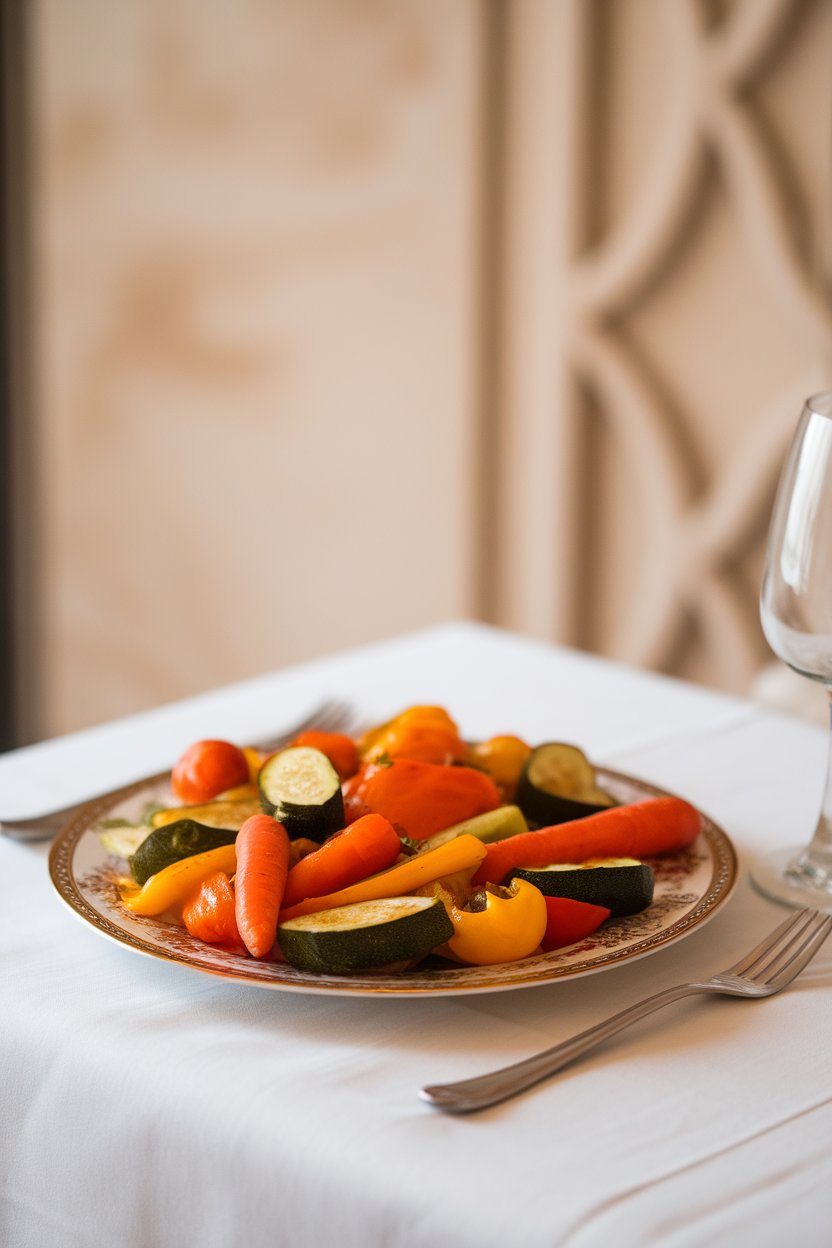 A dinner plate on an indoor dining table, half covered with colorful roasted vegetables—carrots, zucchini, bell peppers—no text or logos, photo only