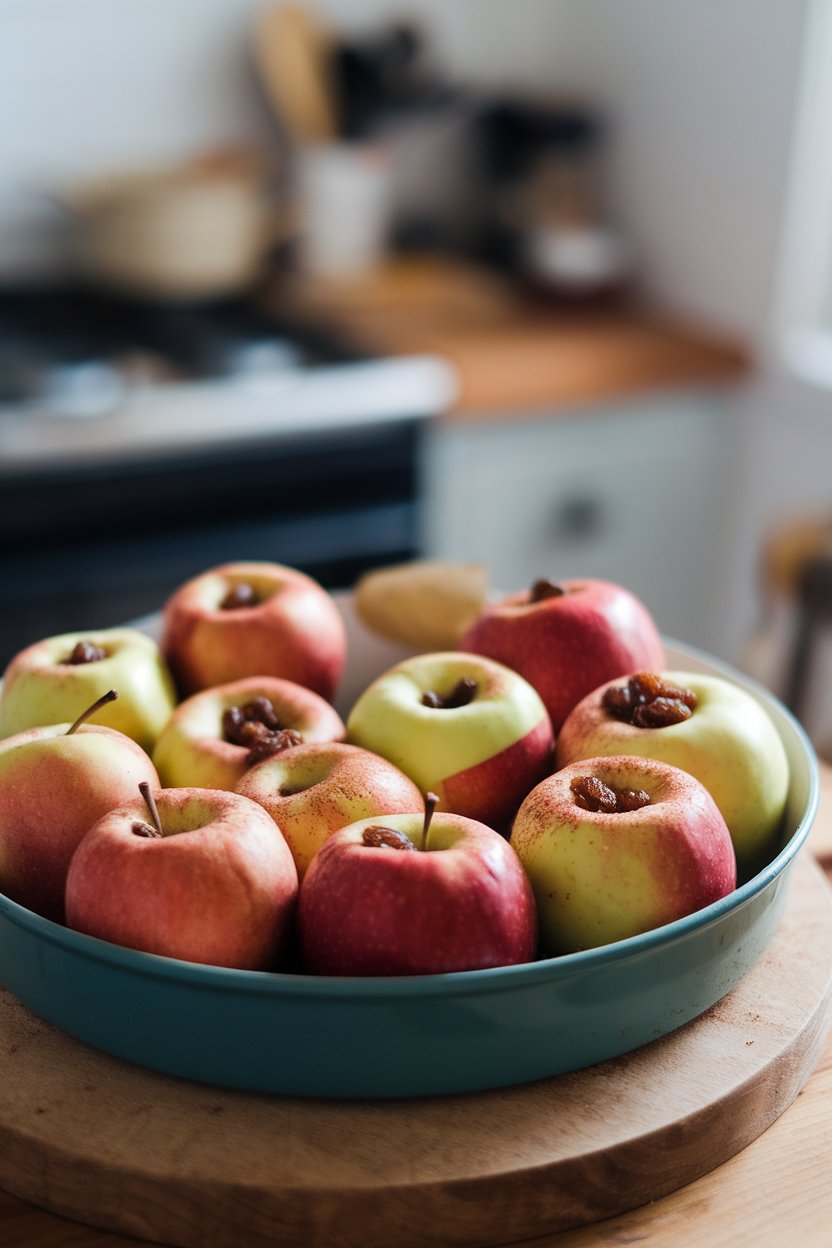 A small indoor baking dish with cored apples stuffed with raisins, cinnamon dust visible, photo, no text or logos.
