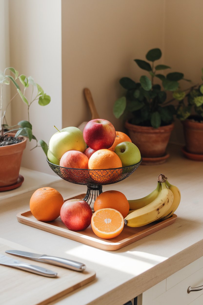 Indoor kitchen counter with a vibrant fruit bowl containing apples, oranges, and bananas, all ready to grab. Soft daylight, no text or logos.