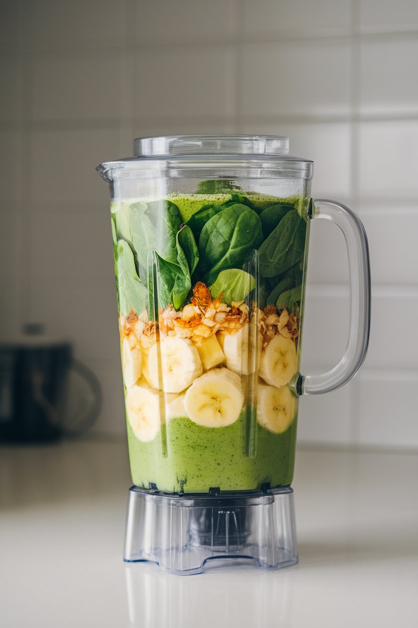 Indoor photo of a tall, clear blender jar filled with a bright green smoothie made from spinach, banana, and pineapple, sitting on a tidy countertop; no text or logos.