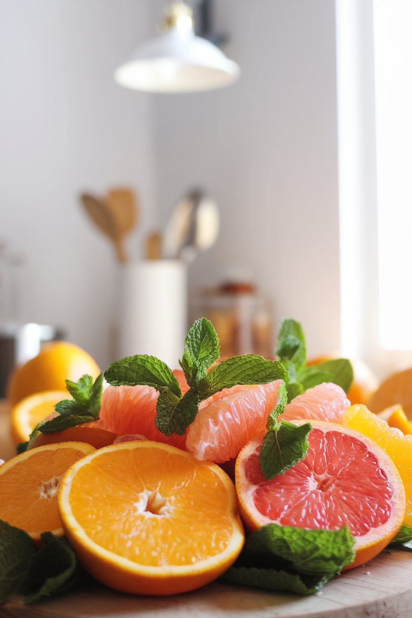 A brightly lit indoor scene of a citrus salad with grapefruit, orange segments, and mint leaves; no text or logos. Photo.