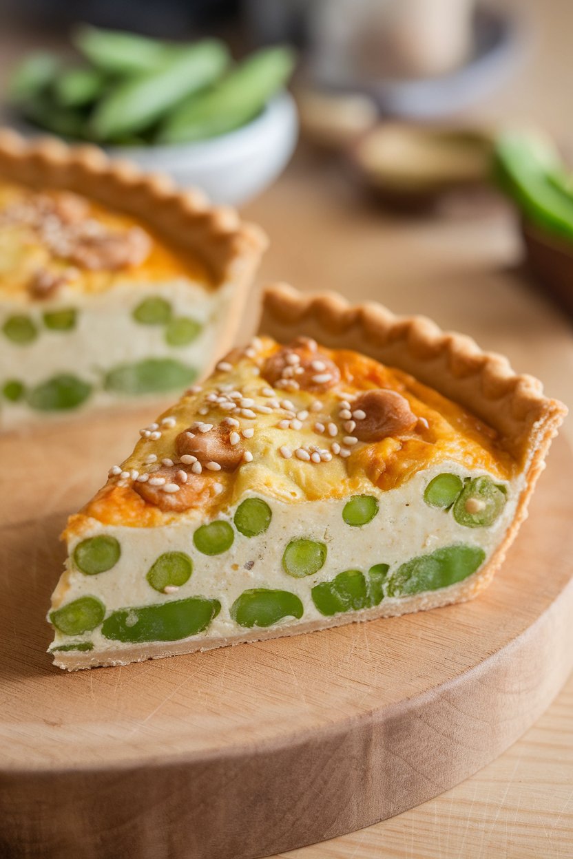 Indoor photo of a slice of green snow pea quiche dotted with water chestnut cubes, sesame seeds sprinkled, no text or logos.