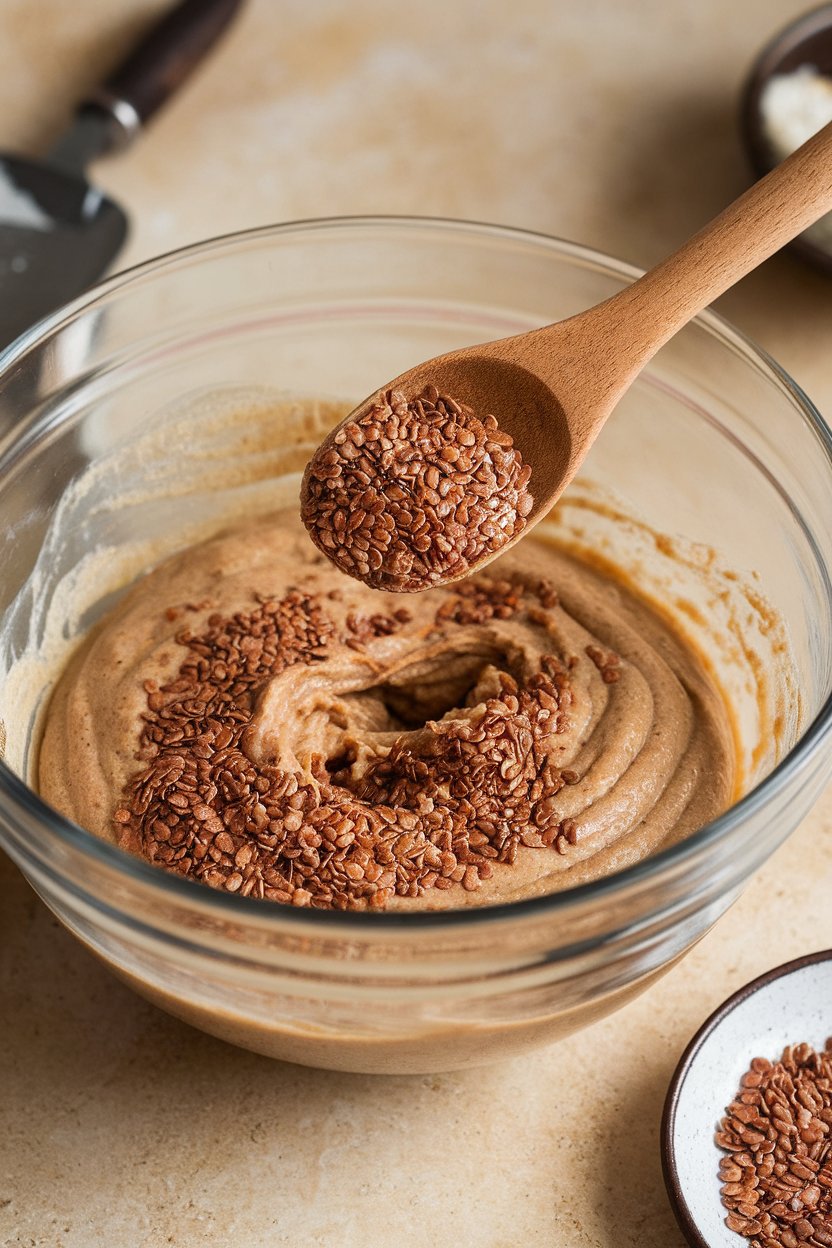Photo — A wooden spoon indoors sprinkling ground flaxseed into muffin batter in a mixing bowl. No text or logos.