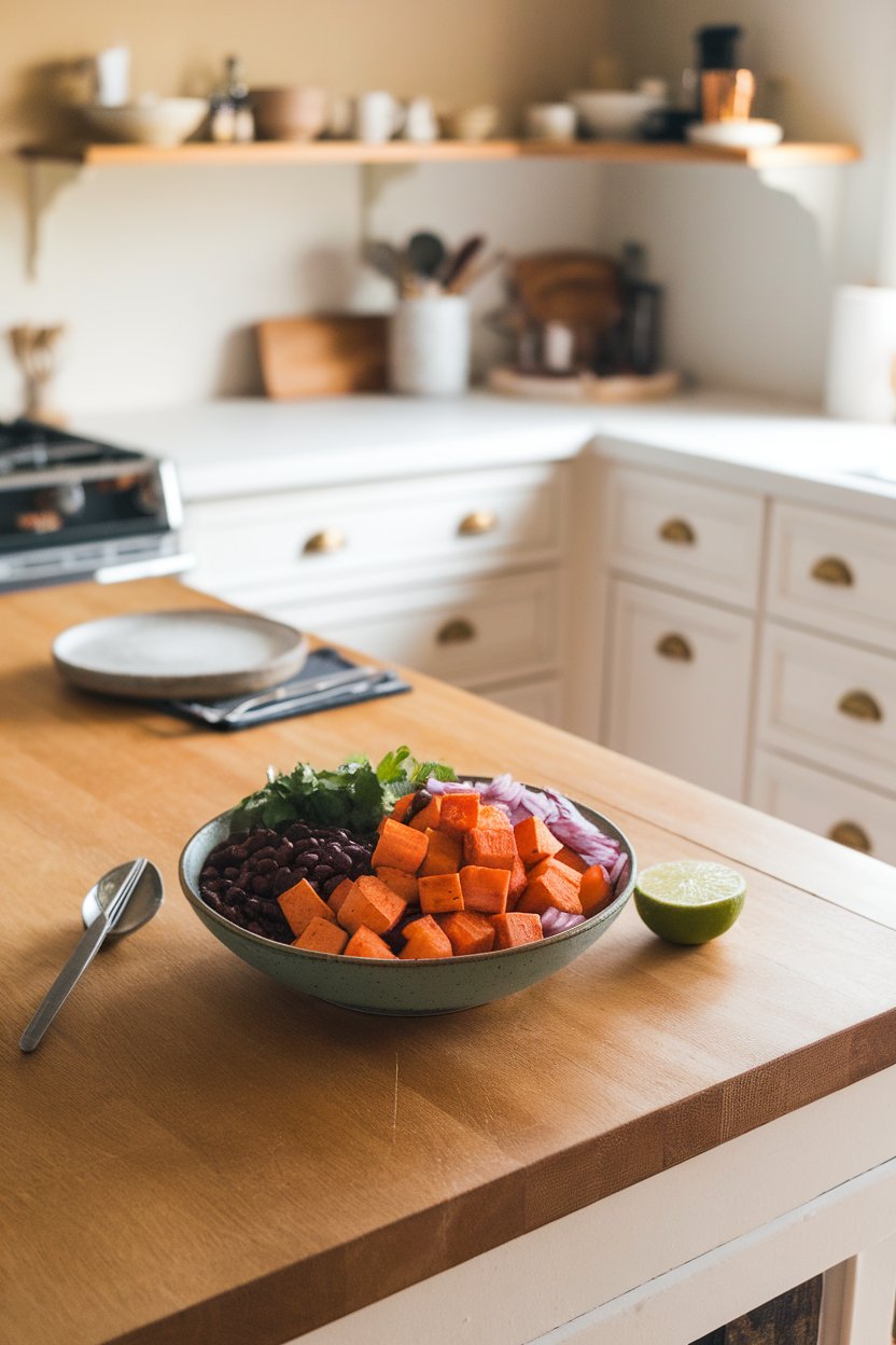 Indoor kitchen island with a bowl of roasted sweet potato cubes, black beans, red onion, cilantro, and a lime wedge on the side. Photo only, no text or logos.