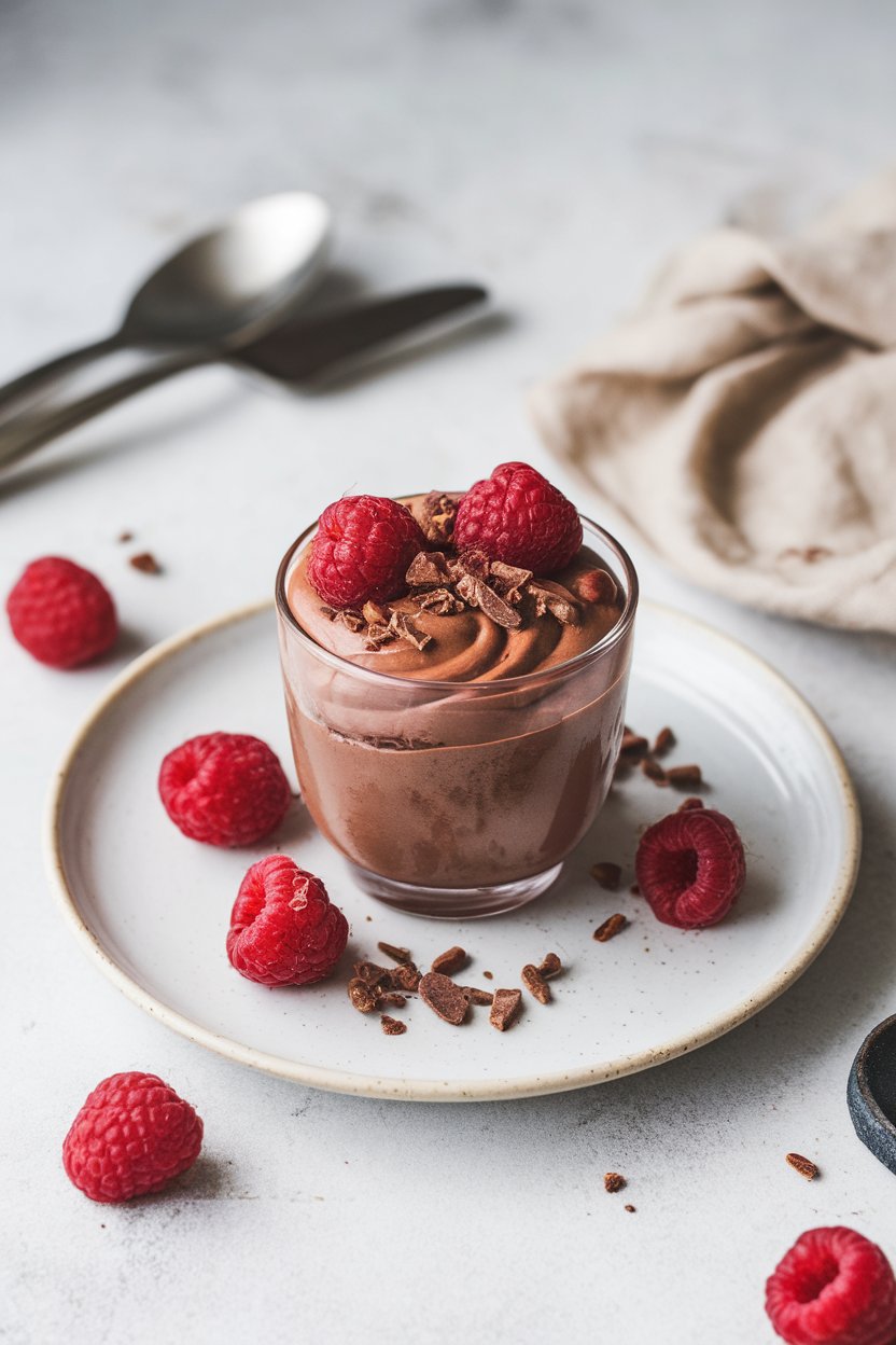 Photo, indoors, small dessert cup of silky chocolate mousse topped with raspberry and cocoa nibs. No text or logos.