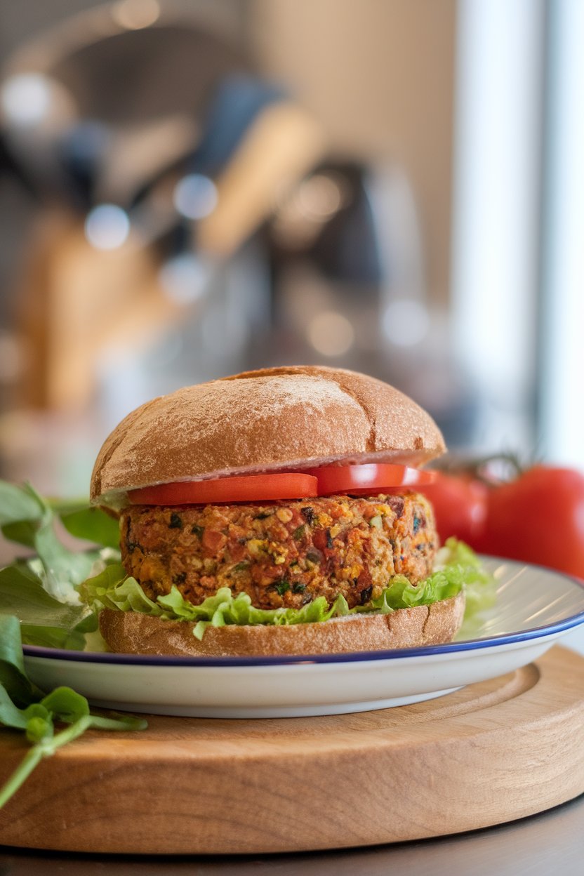 An indoor plate featuring a veggie burger patty on a whole-grain bun, lettuce and tomato visible; no logos.