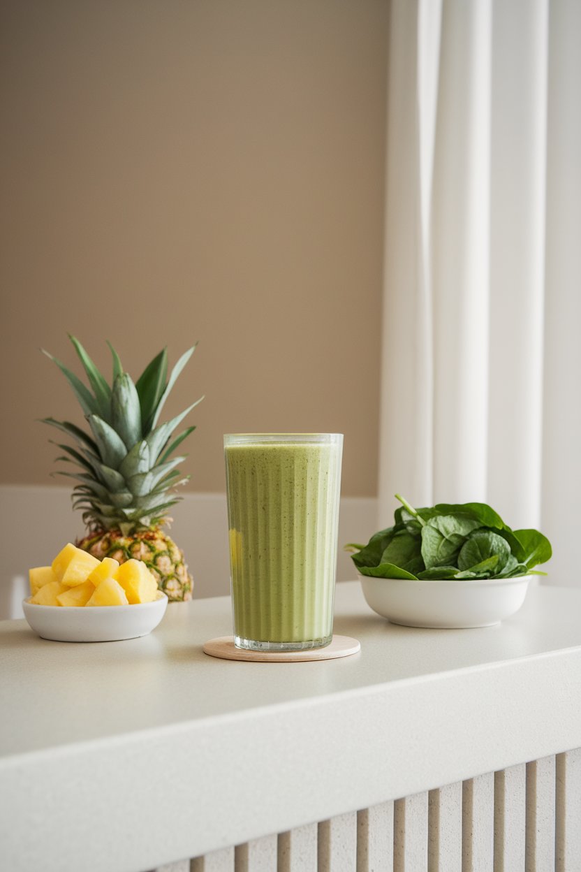 Indoor counter with a tall glass of vibrant green smoothie next to a small dish of pineapple chunks and spinach leaves. No text or logos; photo.