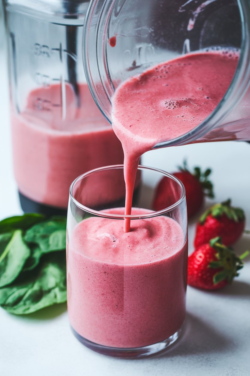 Indoor blender-jar photo of a bright pink smoothie being poured into a clear glass, spinach leaves and strawberries set beside it. No text or logos.