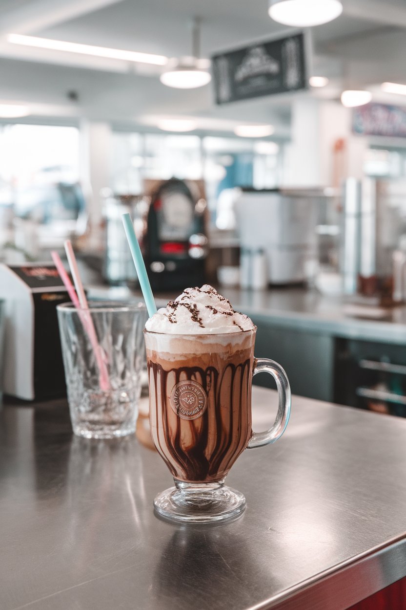 Indoor retro diner counter scene with a glass mug of chocolate mocha, malted milk powder sprinkled on whipped topping, pastel straw beside it. No branding or text. Photo only.