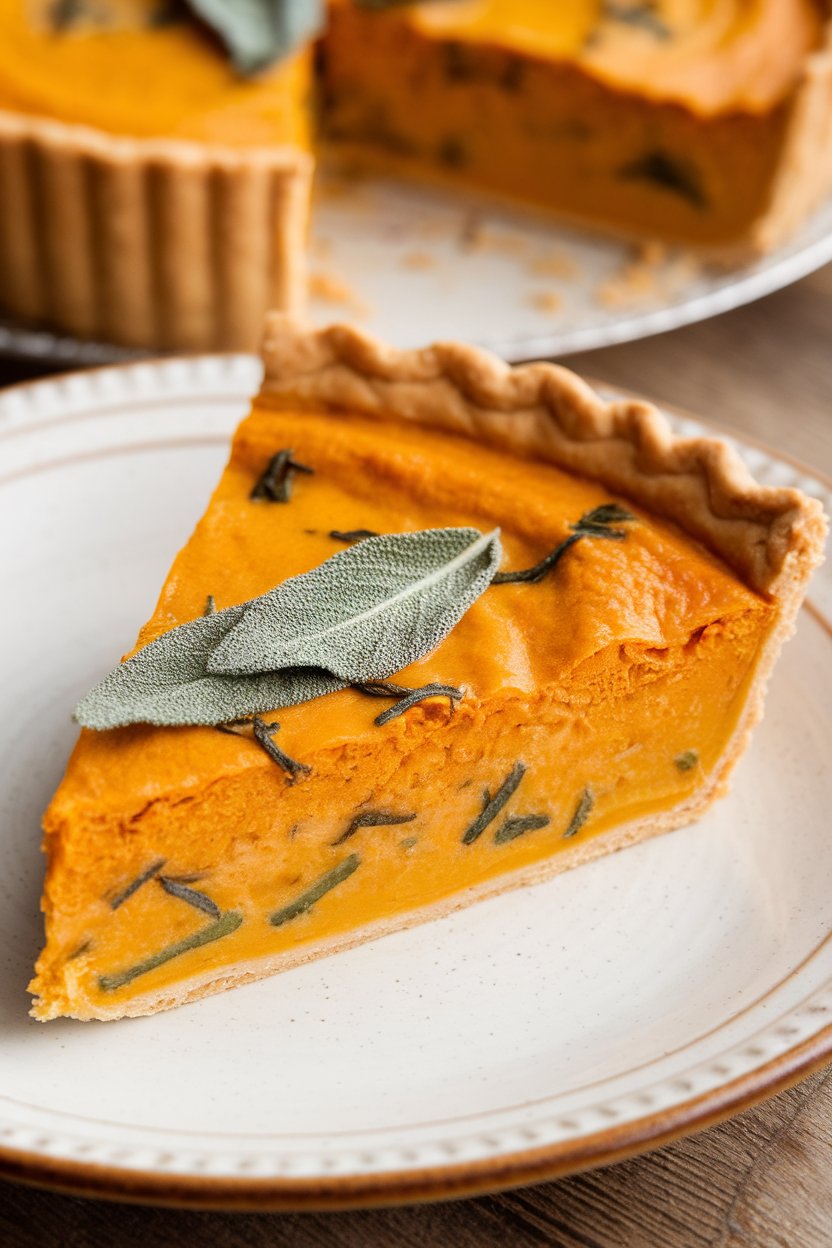 Indoor photograph of an orange pumpkin quiche slice with visible green sage flecks, no text or logos.
