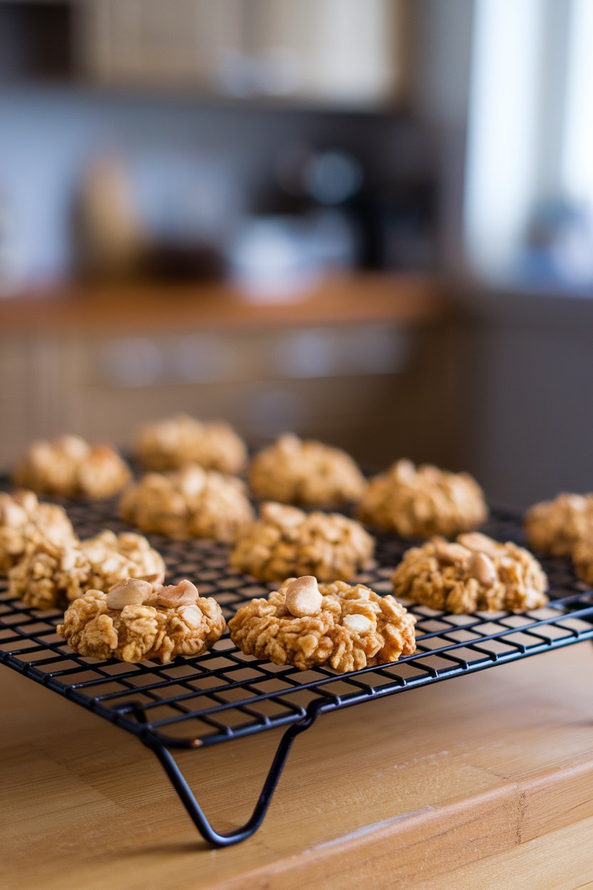 An indoor cooling rack lined with round, golden oat cookies dotted with peanut pieces. No text or logos. Photo, not illustration.