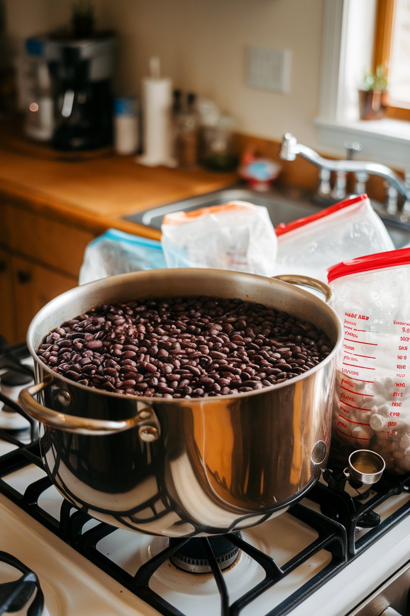 Photo taken indoors showing a large pot of cooked black beans on a stove, with measuring cups filling freezer bags nearby, no text or logos.