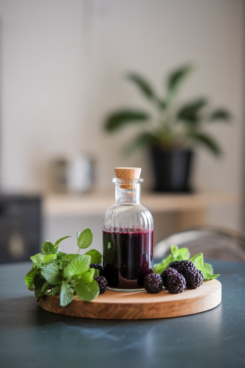 Indoor table view with a glass bottle of blackberry mint dressing, mint sprigs and blackberries arranged nearby. Photo, not illustration. No text or logos.