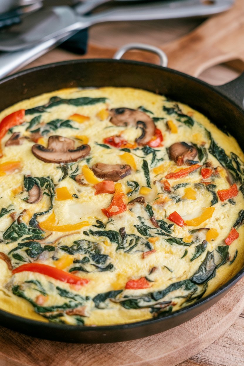 Indoor oven-safe skillet holding a fluffy egg white frittata packed with spinach, bell peppers, and mushrooms, just out of the oven. No text or logos visible.