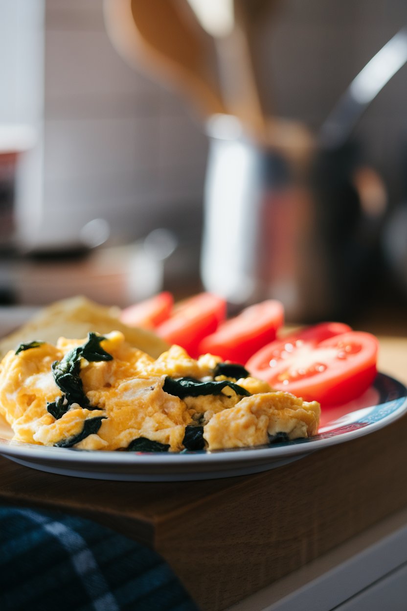 Indoor photo of a breakfast plate featuring scrambled eggs with spinach and a side of sliced tomatoes, highlighting lean protein. Bright morning light, no text or logos.