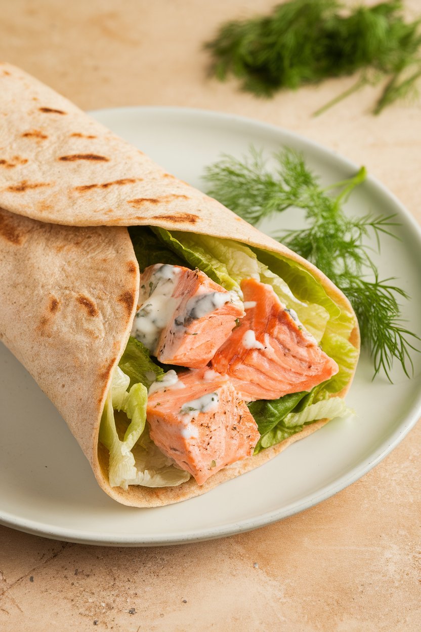 Indoor photo of a whole-wheat wrap filled with broiled salmon chunks, romaine, and light Caesar dressing, no text or logos.