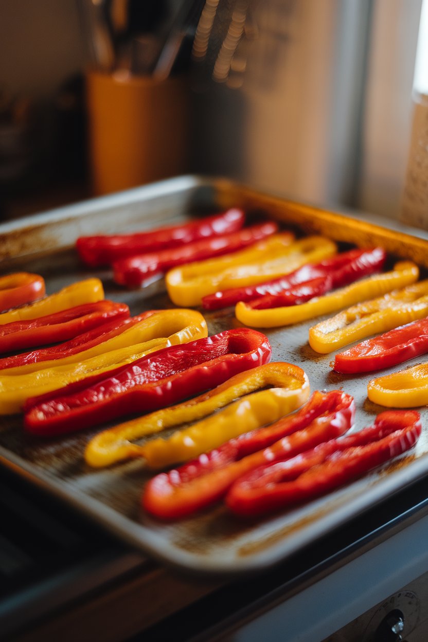 An indoor baking sheet with roasted red, yellow, and orange bell pepper strips glistening under warm lighting. No text or logos.