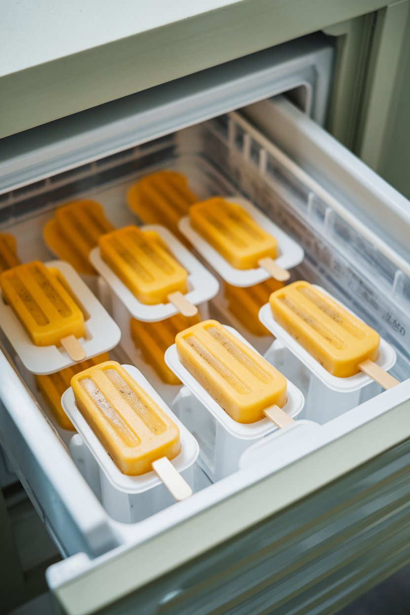 An indoor freezer drawer slightly open showing homemade mango chia popsicles in molds, photo style, no logos.