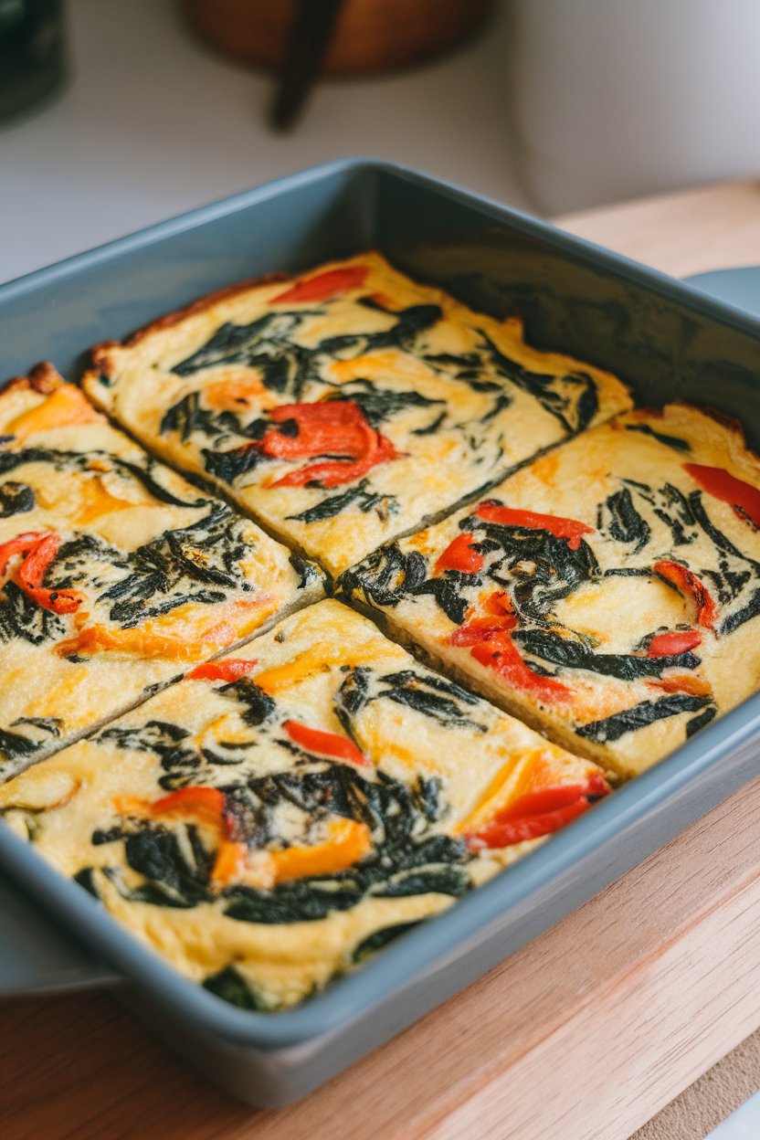 Indoor baking dish filled with colorful egg white frittata cut into square pieces, spinach and peppers visible. No text or logos.