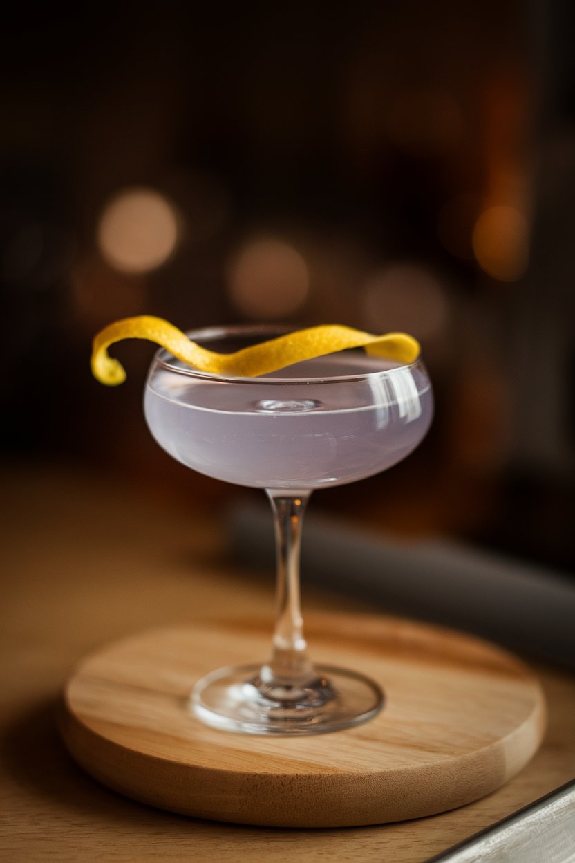 A softly lit indoor scene showing a coupe of pale violet Lavender 75 with a lemon twist resting across the rim. No text or logos.