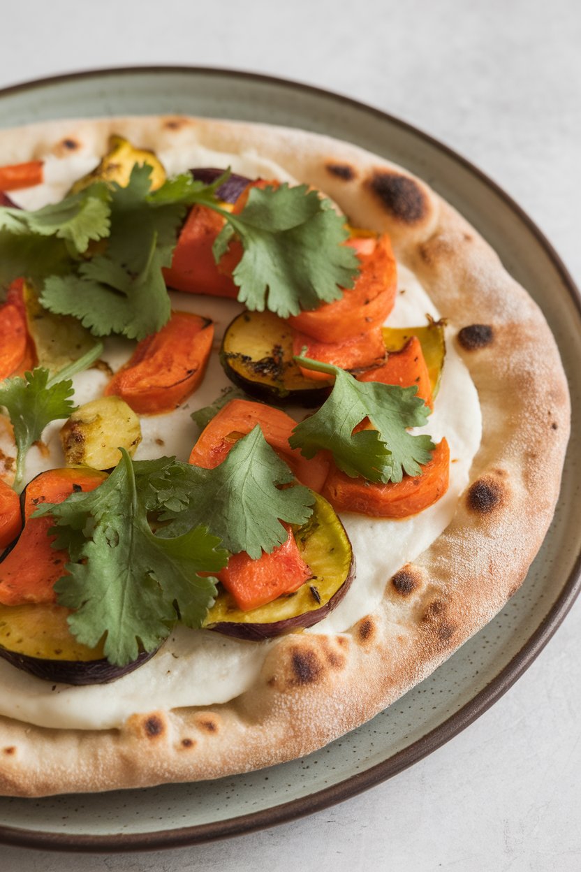 Indoor photo of whole-wheat naan pizza topped with tandoori-spiced roasted vegetables and cilantro on a dinner plate, no text or logos