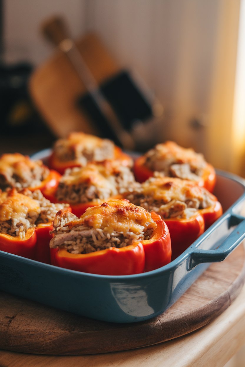 Indoor photo of a baking dish holding halved bell peppers filled with turkey and rice, cheese lightly melted on top; oven light glow, no text or logos