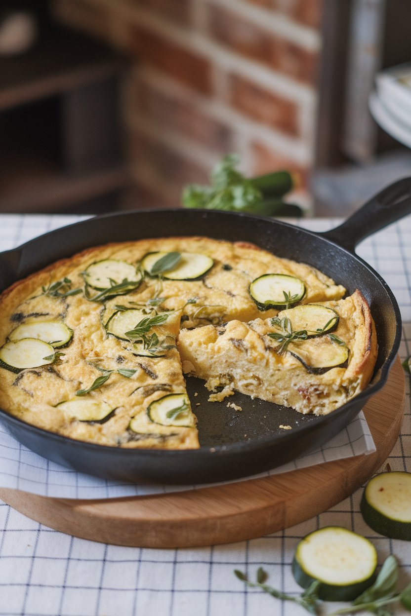 Photo of an indoor brunch scene with a skillet holding a golden frittata speckled with zucchini rounds and herbs; slice removed to show fluffy interior; no text or logos
