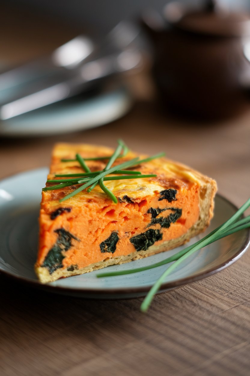 Indoor photo of a wedge of sweet potato and kale frittata on a small plate, garnished with chives. No text or logos.