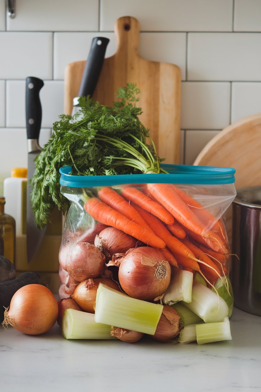 Freezer bag filled with carrot tops, onion skins, and celery ends on a kitchen counter indoors, no text or logos.