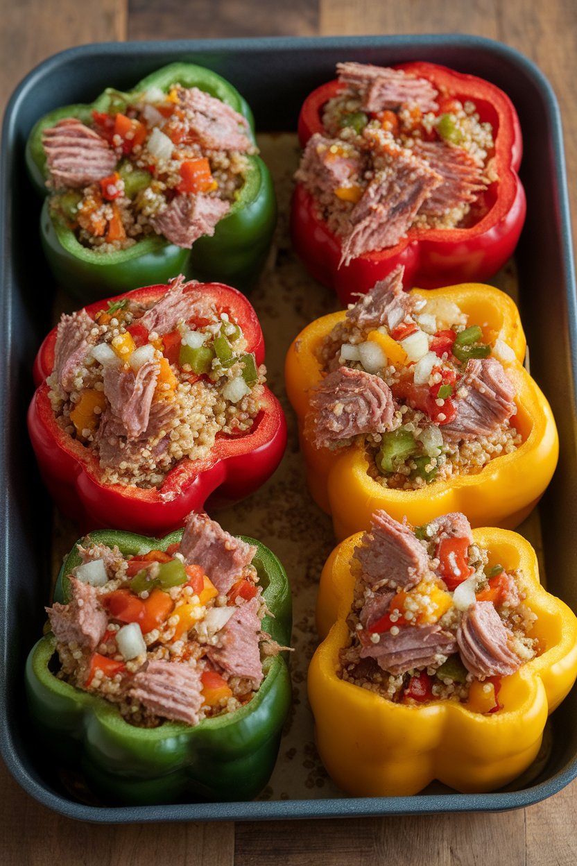 Colorful bell peppers upright in a baking dish, filled with tuna, quinoa, and diced vegetables; indoor, no text or logos.