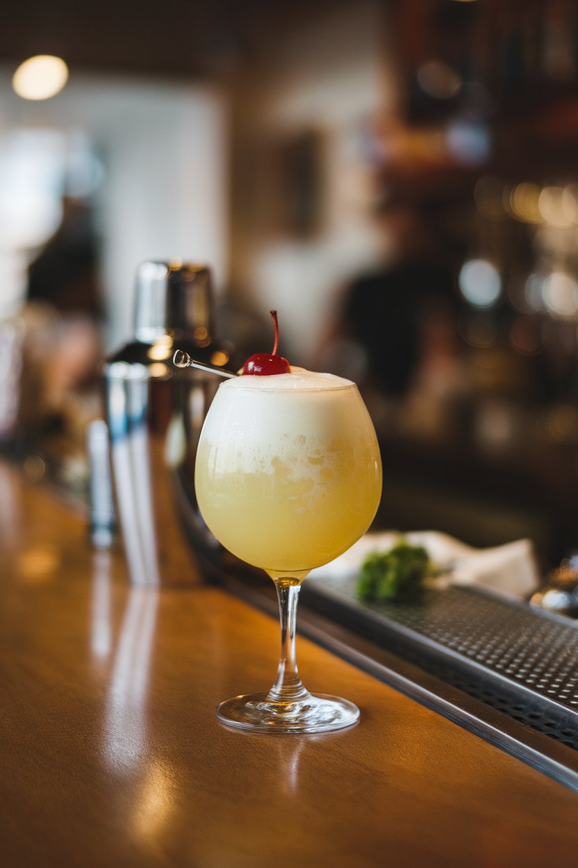 An indoor retro bar with a stemmed glass Snowball cocktail, frothy Advocaat and lemonade mixture, cherry on top. No text or logos.