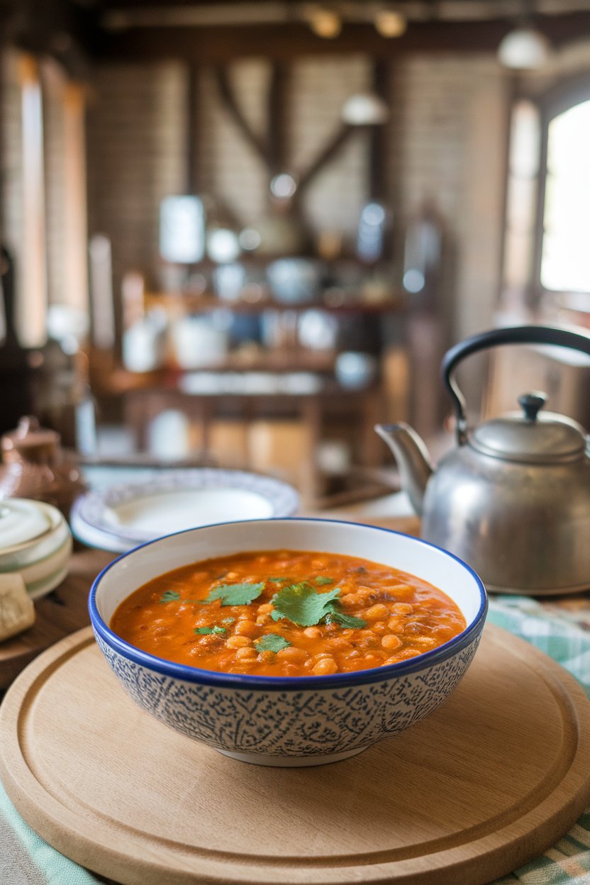 Indoor kitchen scene with a patterned bowl of harira, tomato-based broth with chickpeas, lentils, and cilantro. No text or logos. Photo.