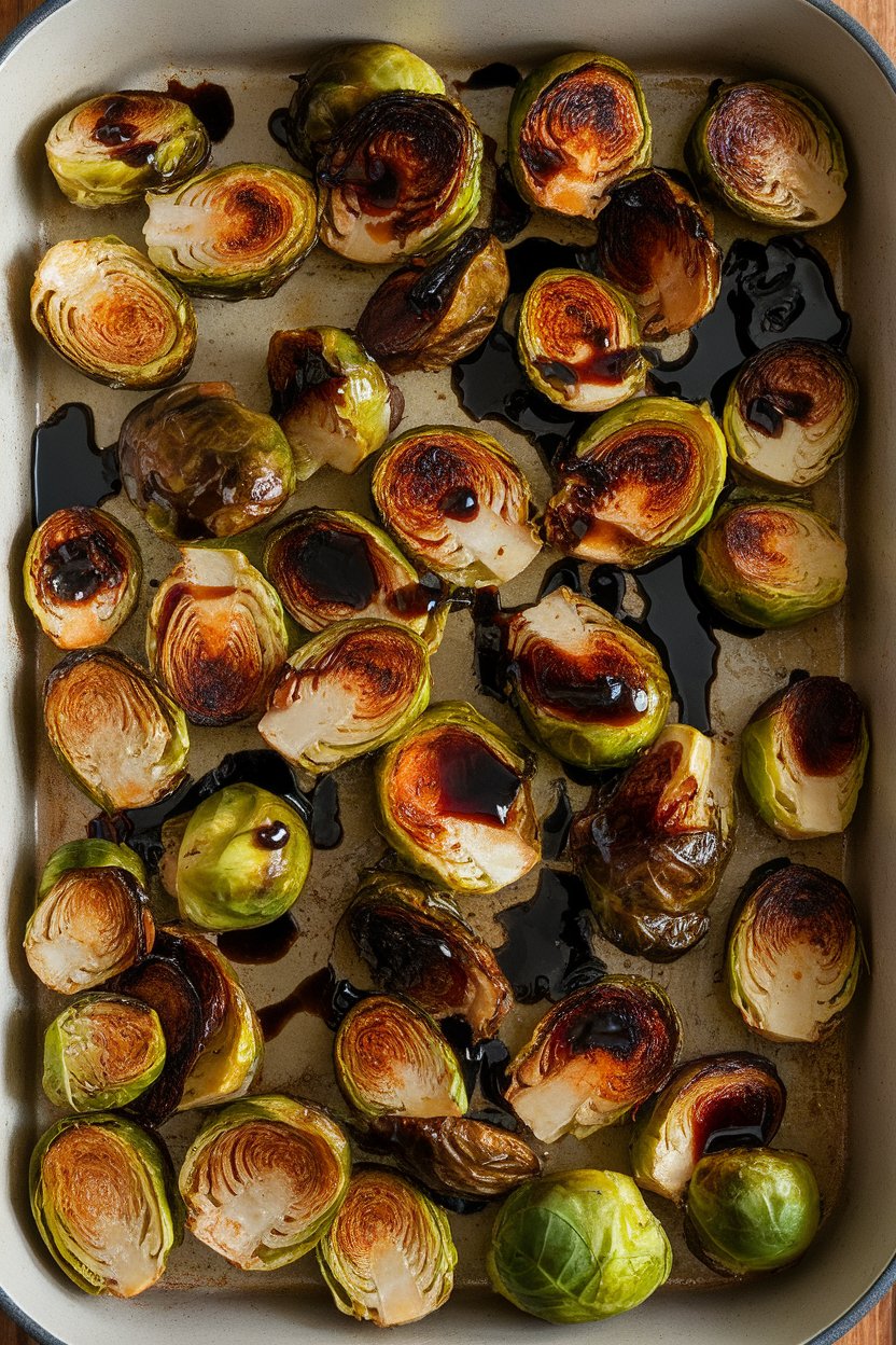 Indoor baking dish with halved Brussels sprouts caramelized and drizzled with glossy balsamic reduction. No logos or text; photo only.