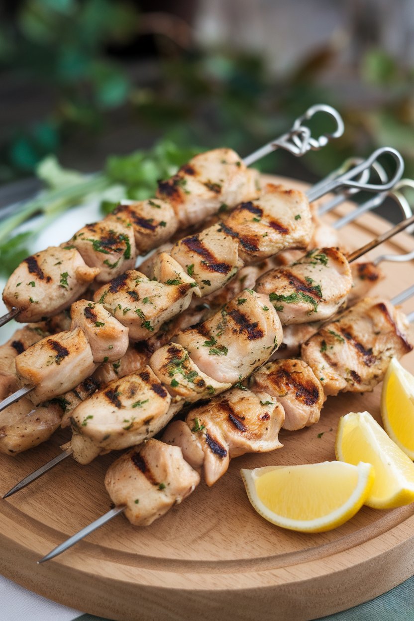 An indoor platter of chicken skewers with light grill marks, flecks of herbs visible; lemon wedges on the side, no logos.