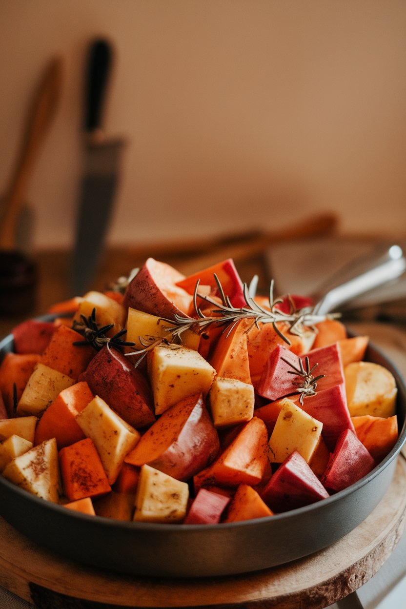 Indoor photo of a roasting pan piled with cubed sweet potatoes, parsnips, and golden beets seasoned with rosemary, no logos.