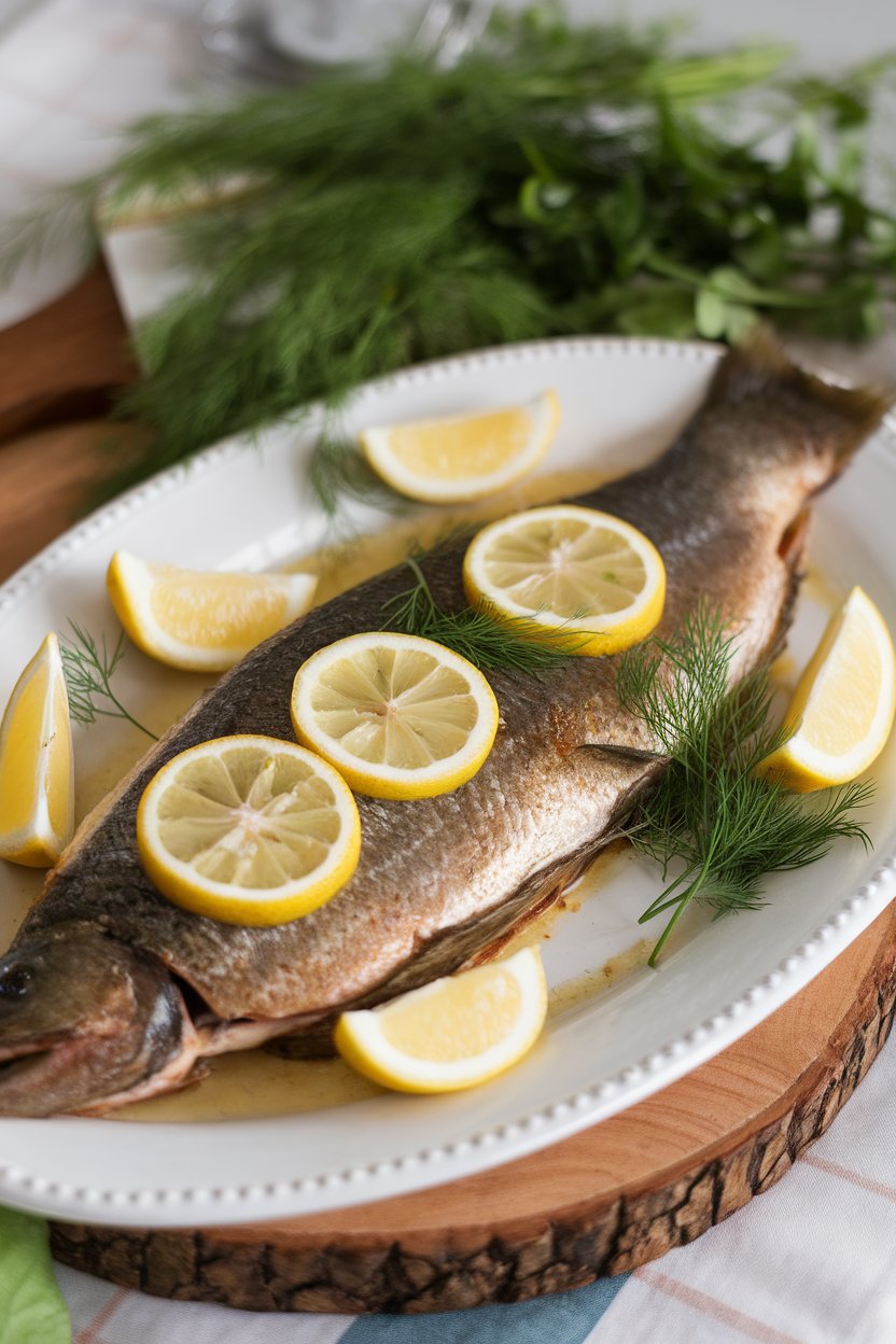 A white indoor platter with a baked trout fillet garnished with lemon rounds and fresh dill sprigs. No text or logos. Photo, not illustration.