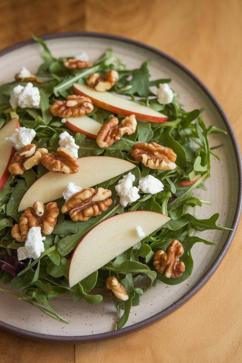 Photo of an arugula salad dotted with thin apple slices, toasted walnuts, and crumbled goat cheese on a ceramic plate indoors, no text or logos.