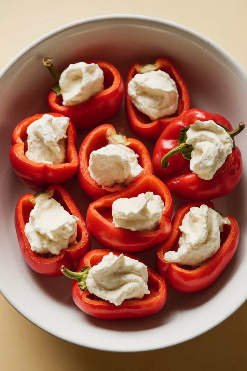 Bright red Peppadew peppers stuffed with whipped ricotta on an indoor white dish. No text or logos. Photo.
